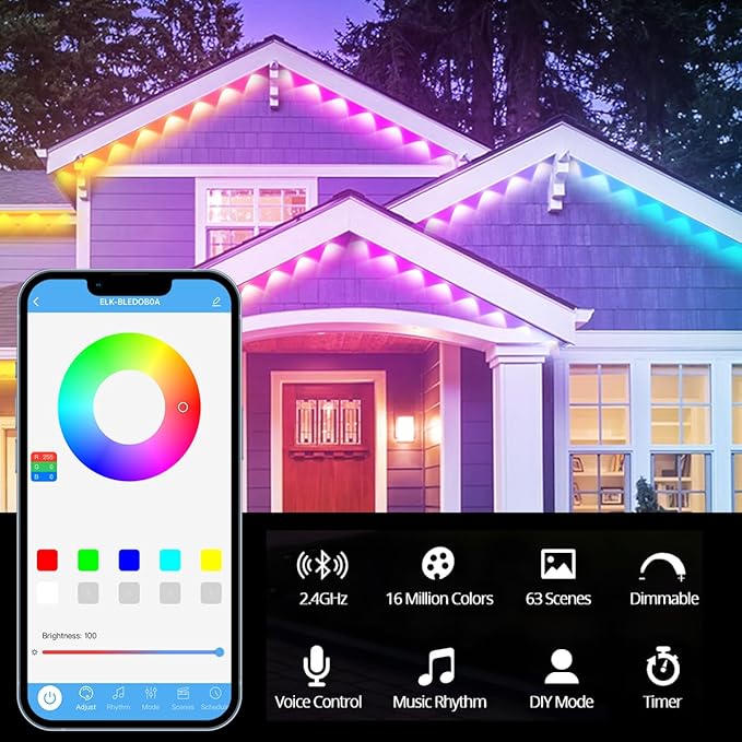 Permanent Outdoor Lights 100 FT Patio Lights,100ft RGB+IC Smart Outdoor Decor, 50 Scene Modes App/Remote Control, IP67 Waterproof for Christmas Holiday Party Decor for Garden House Roof Lighting