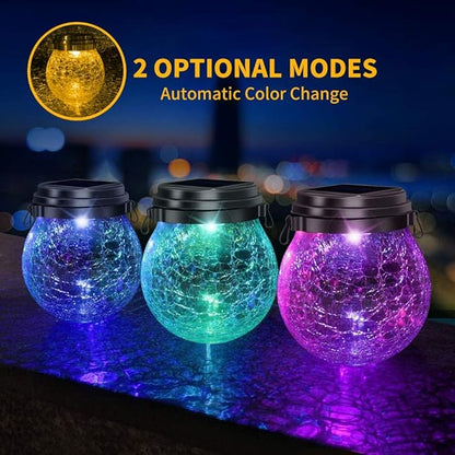DBF Solar Lanterns Outdoor Waterproof, 4 Pack Hanging Solar Lights Outdoor Garden Decor, Amber Warm & RGB LED Globe Cracked Glass Ball Lantern for Yard Tree Fence Patio Porch Events Deck Pathway