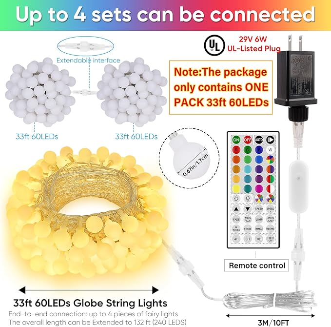 OMIKA 33FT Connectable Globe String Lights Indoor, 24 Color Changing Fairy Lights Plug in with Remote, 60 LEDs 128 Modes Christmas Lights Outdoor Waterproof for Tent Camping Bedroom Party Xmas Decor