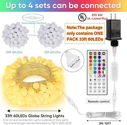 OMIKA 33FT Connectable Globe String Lights Indoor, 24 Color Changing Fairy Lights Plug in with Remote, 60 LEDs 128 Modes Christmas Lights Outdoor Waterproof for Tent Camping Bedroom Party Xmas Decor