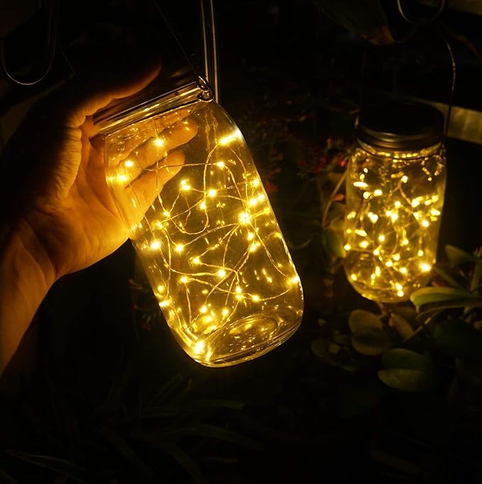 Solar Mason Jar Lights, Large Size Bigger Glass Mason Jar with 30 LEDs Fairy Firefly String Lights, Best Patio Yard Desktop Party Decor Outdoor Solar Hanging Lanterns (2-Pack)