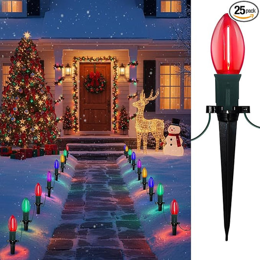 C9 Christmas Pathway Lights Outdoor, 38 Ft 25 LED Multicolor C9 Christmas Lights, Connectable Outdoor Waterproof Walkway Markers Light for Driveway Yard Garden Lawn Xmas Decorations