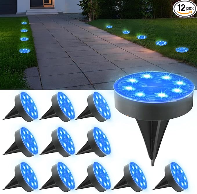 Ground Lights 12 Pack, IP68 Waterproof Solar Disc Lights for Outdoor, Flat Garden Light, In-Ground Light, Landscape Lighting for Pathway, Walkway, and Yard-12 Pcs (Blue)