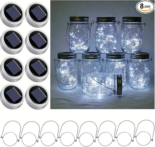 Decorman Solar Mason Jar Lights, 8 Pack Waterproof Fairy Star Firefly Lids String Lights with 8 Hangers for Patio Yard Garden Party Wedding Christmas Decoration(Jars Not Included)