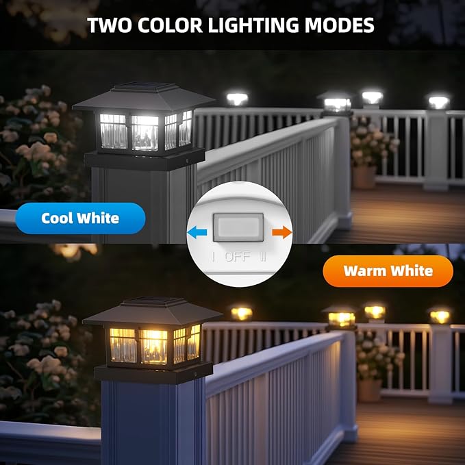 EXCMARK 4x4 Solar Post Cap Lights, 4 Pack Fence Deck Post Lights Outdoor Solar Powered Waterproof with Two Light Modes Warm&Cool White for Garden Patio Decor. (Classic Black, 4)