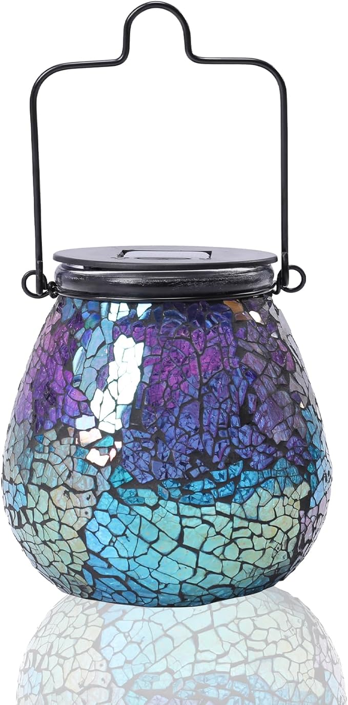 Afirst Mosaic Solar Lanterns Outdoor - Glass Hanging Solar Lights Hollow Out Waterproof Table Lamp Outdoor Decorative for Garden, Patio, Holiday Party Outdoor Decoration