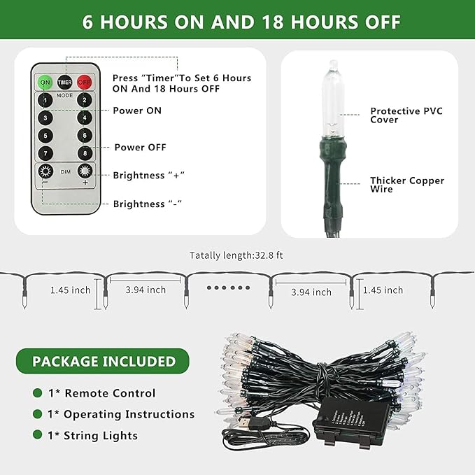 Tcamp 33ft 100LED Green Christmas Lights Battery Operated with Remote Memory Timer, 8 Modes Battery String Lights for Christmas Tree Wreath Bedroom Outdoor Indoor Decor
