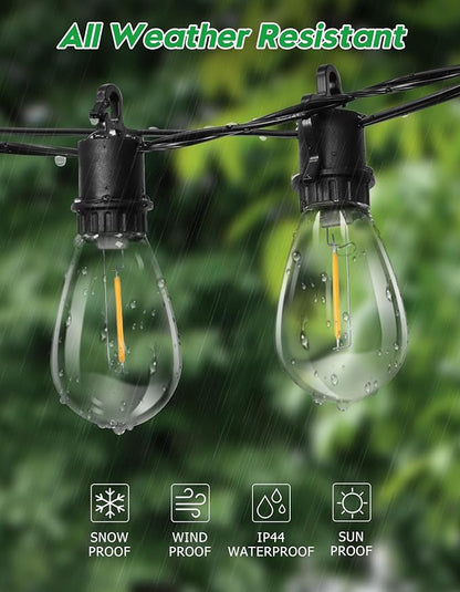 100FT Outdoor String Lights with 52 Shatterproof S14 Vintage Edison Bulbs E12 Sockets,2700K Dimmable Outdoor Lights,IP55 Waterproof LED String Lights for Outside, Patio, Garden, Backyard,Bistro