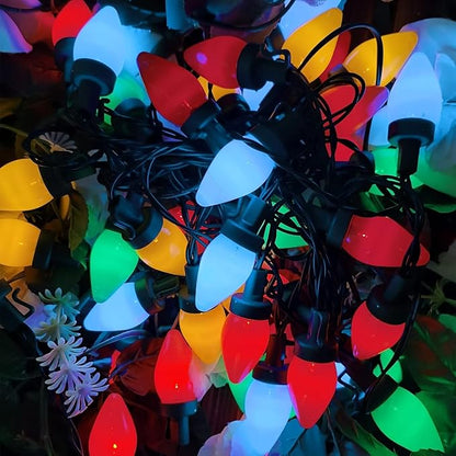 C7 Vintage Christmas String Lights, 27.5FT Outdoor Christmas Tree String Lights with 50 Multicolor LED Bulbs, Christmas Party Decorations with 8 Fairy Lighting Patterns - Green Wire