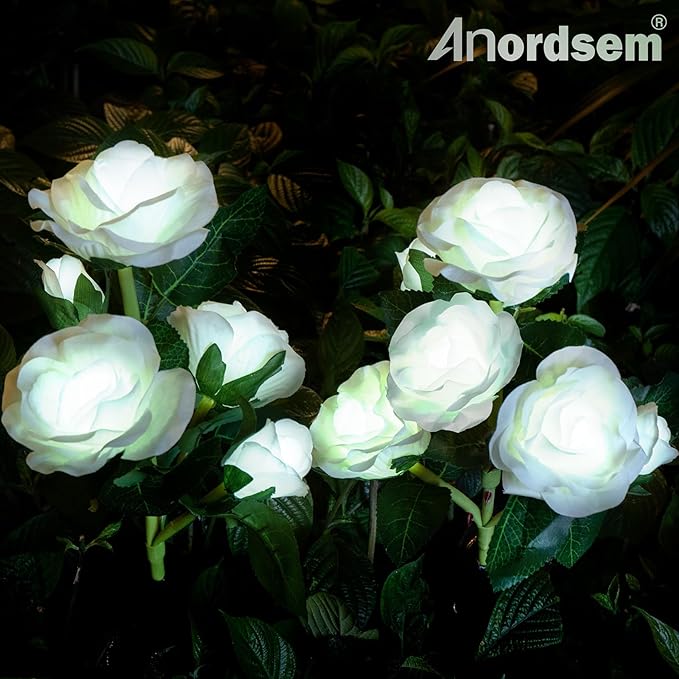 Anordsem Solar Garden Lights Outdoor: 10 Waterproof Fabric Roses 2 Pack - White LED Flower Decorations for Yard Patio Path Cemetery Grave - Mother's Day Gifts for Her Women Mom Wife