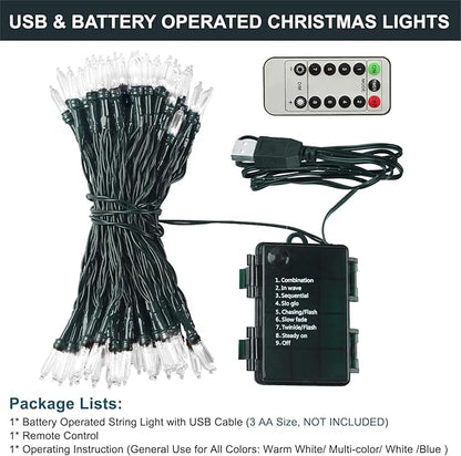 Tcamp Blue Christmas Lights Battery Operated Or USB Charging, 33FT 100 LED Christmas Tree Lights with Remote Timer Memory Function, 8 Modes Fairy String Light for Xmas Indoor Outdoor Decor
