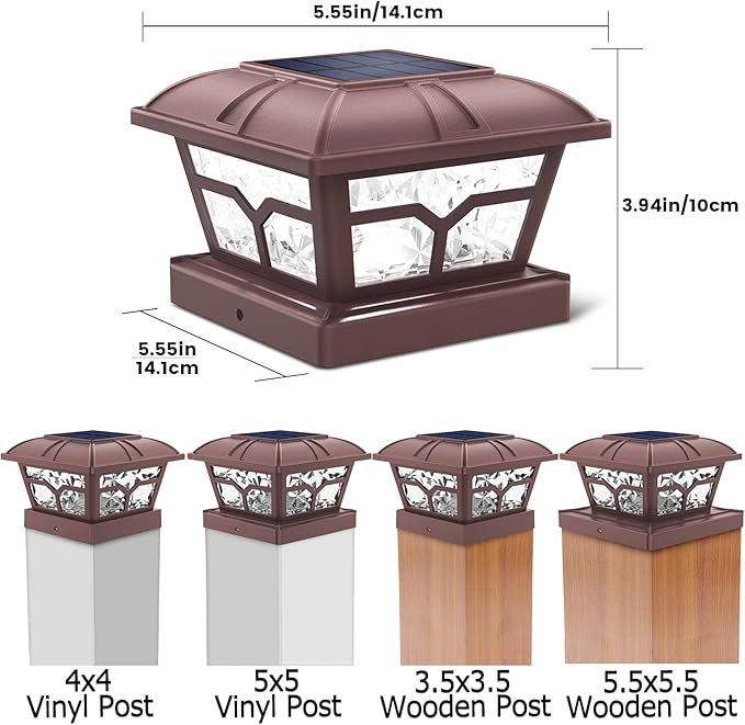 SIEDiNLAR Solar Post Cap Lights Outdoor 2 Color Modes 8 LEDs for 4x4 5x5 6x6 Posts Fence Deck Patio Decoration Warm White & Cool White Lighting Brown (1 Pack)