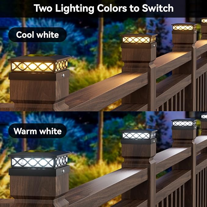 12 Packs Solar Post Cap Lights for Fence and Deck – Auto On/Off Outdoor Lighting, 2 Color Modes with 16 LEDs, Fits 4x4 5x5 6x6 Posts (Black)