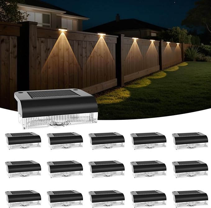 Solar Fence Lights Outdoor, 16 Pack Fence Light Solar Powered, Deck Lights Waterproof Led for Garden, Backyard, Patio, Pathway, Railing, Pool, Stairs, Step, Warm White