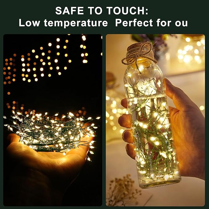 Outdoor Fairy Lights Battery Operated,20Ft 200LED Green Copper Wire Cluster Lights with Timer,Twinkle Firecracker String Lights, Mini Lights for Christmas Tree Wreath,Warm White,2 Pack