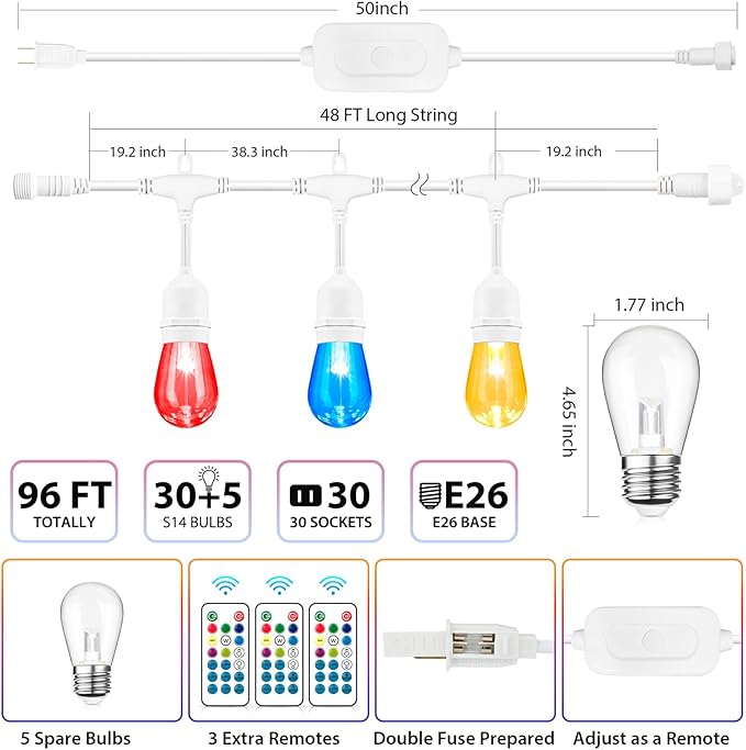 G40 Globe Patio Lights, 96ft LED Bulbs