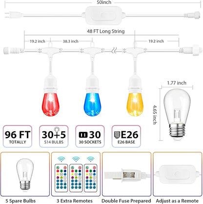 Mlambert 96Ft(2x48ft) Outdoor Patio Lights, RGB Cafe String Lights with Remote Control and 30+5 Dimmable LED Bulbs for Backyard Graden-White 2 Pack
