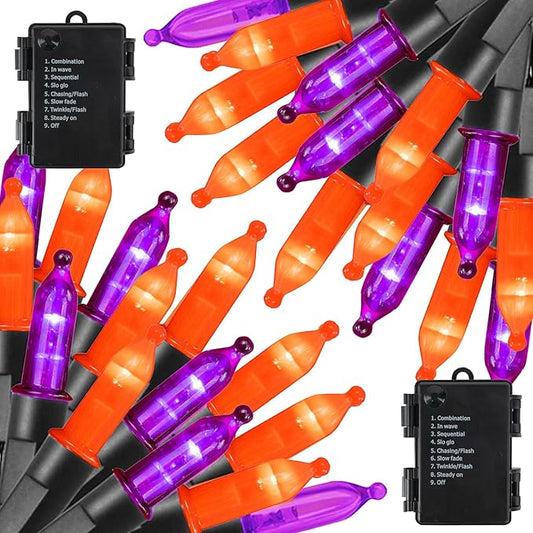 Dazzle Bright Purple and Orange Halloween Lights Battery Operated, 2 Pack Total 100LED 32FT Waterproof Mini String Lights with 8 Modes, Halloween Decorations for Outdoor Indoor Garden Yard Party