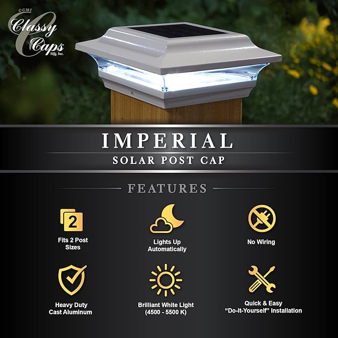 Classy Caps SL211W 4x4 Imperial Solar Post Cap, White – High-Performance LED Lights, Durable Cast Aluminum, Warm and Cool Light Modes, Fits 4"x4" or 3.5"x3.5" Posts, Ideal for Decks, Fences