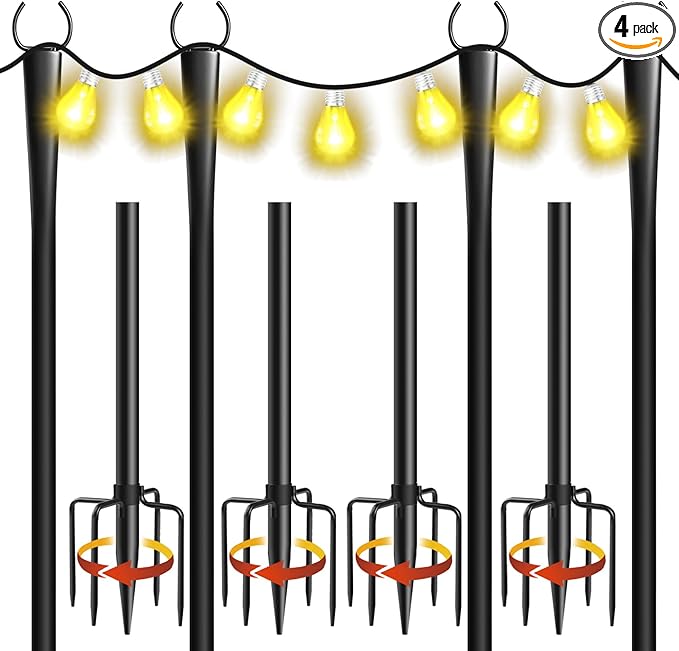 4-Pack 10ft String Light Poles, Heavy-Duty Metal Stands