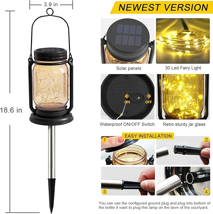 4 Pack Hanging Solar Lantern Lights,Vintage Glass Mason Jar Solar Fairy Lights, Birthday Mothers Day Gifts for Woman Mom Grandmom,Outdoor Decorative Waterproof Table Lamp for Yard Lawn Tree