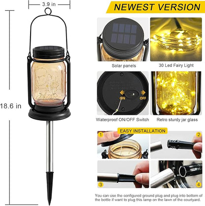 4 Pack Hanging Solar Lantern Lights,Vintage Glass Mason Jar Solar Fairy Lights, Birthday Mothers Day Gifts for Woman Mom Grandmom,Outdoor Decorative Waterproof Table Lamp for Yard Lawn Tree