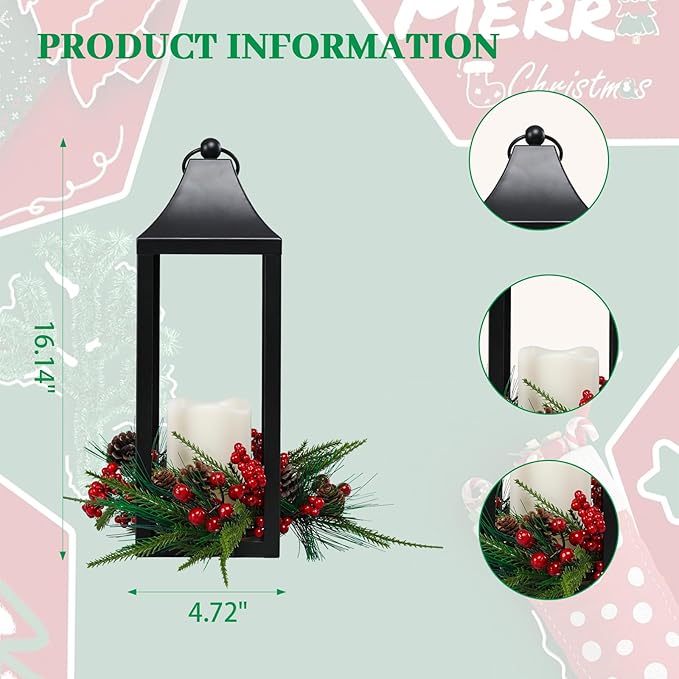 Christmas Lantern 16.2" Metal Outdoor Large Christmas Lanterns with LED Flameless Candle Hanging Lantern, Decorative Hanging Lanterns for Xmas Table Centerpieces, Front Porch, Indoor, Black