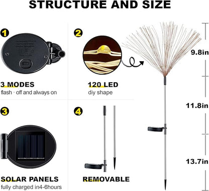 YOTOZU 2 PCS Solar Firework Light, Outdoor Solar Garden Decorative Lights 120 LED Powered 40 Copper Wires String DIY Landscape Light for Pathway (Multi-Color)