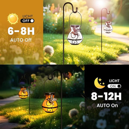 2 Pack Solar Lanterns Outdoor Waterproof, Hanging Hummingbird Flickering Flame Light Garden Decor Hanging Lights Decorative for Outside Patio Pathway Yard Christmas Birthday Gifts
