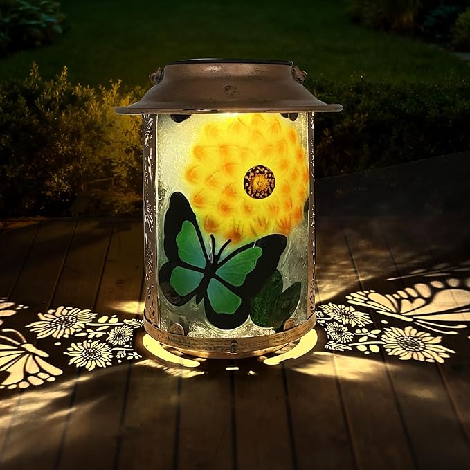 10" H Sunflower Butterfly Solar Lanterns Outdoor, Metal Glass Hanging Solar Lanterns with Hollow Out Retro Sunflower Lights, Decorative for Garden Yard Patio Pathway Tabletop Gifts