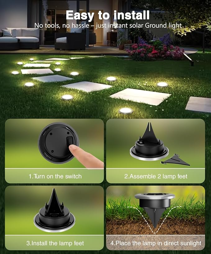 Mini Solar Ground Lights 12 Pack, Solar Lights Outdoor Waterproof, Solar Garden Lights Outdoor Landscape Lighting for Pathway Walkway Patio Yard Driveway, Warm White