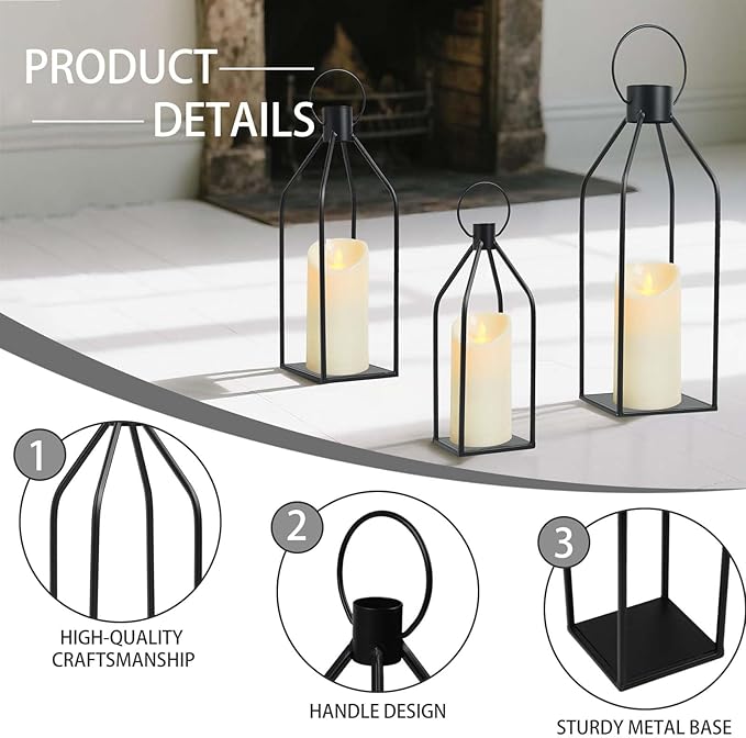Set of 3 Decorative Lanterns (19"/16"/13") - Black Metal Indoor Outdoor Lanterns with Flickering LED Candles, Front Entrance Decor for Home Wedding Christmas