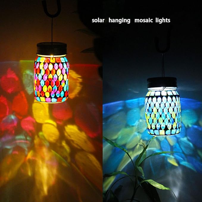 2 Pack Solar Outdoor Mosaic Lantern,Solar Lights Outdoor Hanging Lanterns Rechargeable Waterproof Table lamp Mosaic Night Light for Garden, Patio, Party, Yard, Outdoor/Indoor Decorations