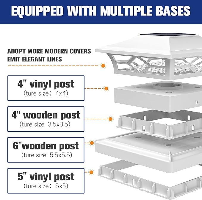 VOLISUN Solar Post Cap Lights: 6 - Pack Outdoor Deck Post Cap Lights White for Dock Fence Waterproof 2 Color Modes,4x4/6x6 Wooden/Vinyl Posts