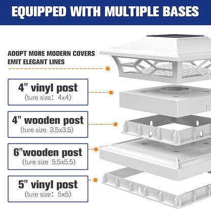VOLISUN Solar Post Cap Lights: 6 - Pack Outdoor Deck Post Cap Lights White for Dock Fence Waterproof 2 Color Modes,4x4/6x6 Wooden/Vinyl Posts