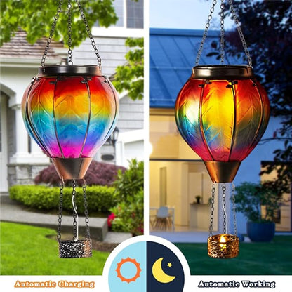 Starsoul Hot Air Balloon Solar Lantern with Candle Holder Flickering Flame Hanging Garden Light Waterproof Glass Solar Lanterns Outdoor Waterproof Decorative for Lawn Porch Tree Yard