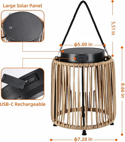 Solar Lanterns Outdoor Waterproof IP54, Handwoven Wicker Outdoor Table Lamps Portable Rechargeable with 30H+ Runtime, Dual USB-C/Solar Charging Hanging Lantern, 3 Brightness Levels
