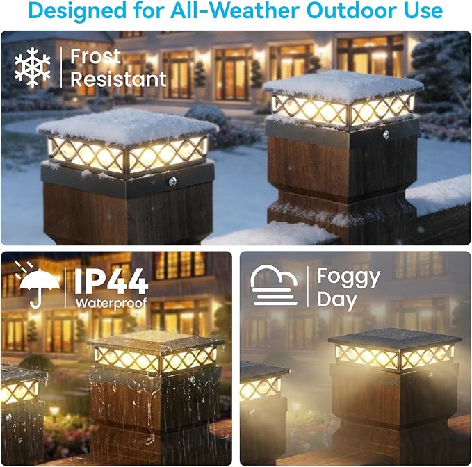 6 Packs Solar Post Cap Lights for Fence and Deck – Auto On/Off Outdoor Lighting, 2 Color Modes with 16 LEDs, Fits 4x4 5x5 6x6 Posts (Black)