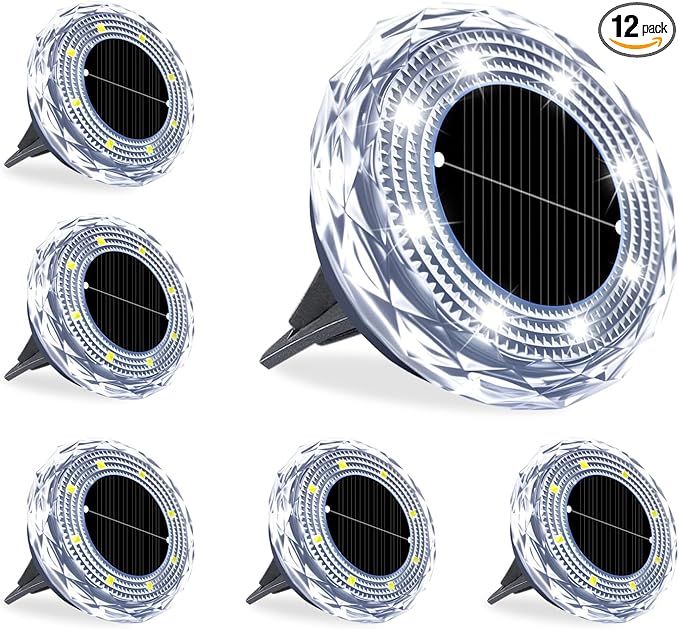 Solar Ground Lights 12 Pack,8 LED Garden Path Lights,Outdoor Ground Lights Landscape Lighting Waterproof,Solar Lawn Light for your courtyard, swimming pool,walkways, pathway, driveway, lawns(White)