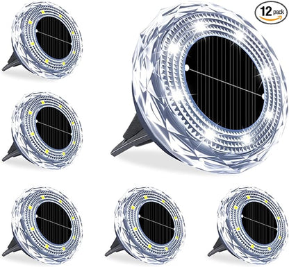 Solar Ground Lights 12 Pack,8 LED Garden Path Lights,Outdoor Ground Lights Landscape Lighting Waterproof,Solar Lawn Light for your courtyard, swimming pool,walkways, pathway, driveway, lawns(White)