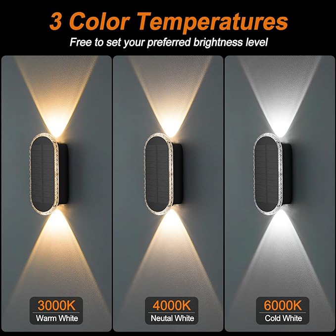 Ellasay Fence Lights Solar Powered: 2 Pack Solar Wall Lights Outdoor Up and Down IP67 Waterproof - 3 Colors Modes Brighter LED Lens Solar Lights Dusk to Dawn 12h for Backyard/Porch/Railing/Balcony
