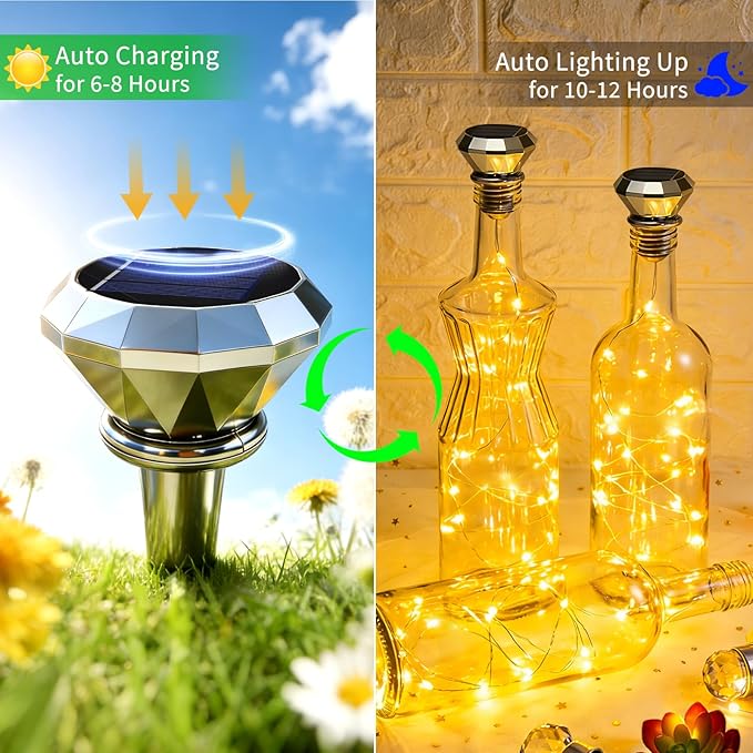 ANGMLN Solar Diamond Shaped Wine Bottle Cork Lights 10 Pack Solar String Fairy Lights Outdoor Waterproof for Wedding Holiday Garden Patio Pathway Bar Concert Indoor Outdoor Decorative (Warm White)
