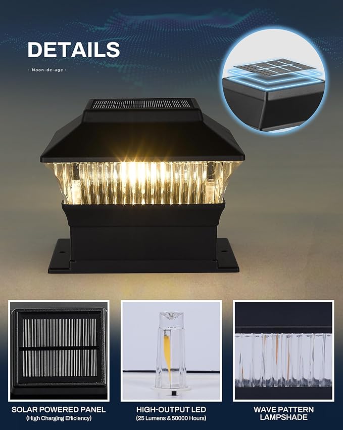Solar Post Cap Lights, 4x4 4x6 Fence Post Light Solar Powered, 25 Lumens Deck Post Light Outdoor, 3000K Warm Light, IP65 Waterproof, Black - 2 Pack