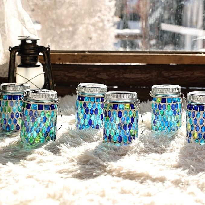 Cooo 2 Pack Mosaic Lanterns Outdoor Waterproof with 215% Larger Solar Panel, Never Rust Lids, True Capacity Battery- Solar Mason Mosaics Jar Lantern for Patio Garden Yard Balcony Christmas Decorations