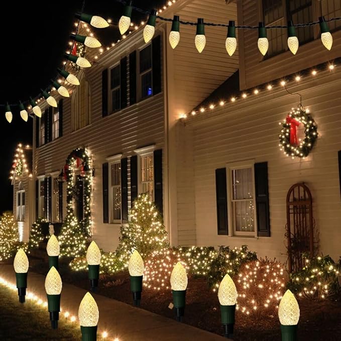 Solar Christmas Pathway Lights Outdoor, 20 LED C9 With 20 Stakes, 23FT Decorations Strawberry String for Roof Yard Patio Walkway Driveway, Warm White