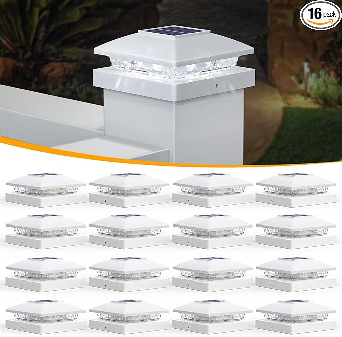 16-Pack Cool White Solar Deck Post Lights, Outdoor LED Caps