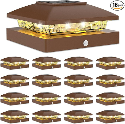 VOLISUN 4x4 Solar Post Cap Light 16pack,Solar Fence - Post Lights Brown Outdoor Waterproof for Wooden/Vinyl Post, with Warm White for Deck