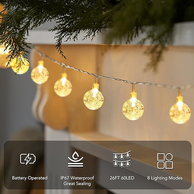 Metaku Globe String Lights Fairy Battery Operated 26ft 60LED with Remote Waterproof Indoor Outdoor Hanging Decorative Christmas for Home Party Patio Garden Wedding
