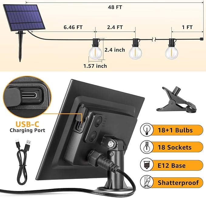 Mlambert 96FT(2x48FT) Solar String Lights with Remote, Outdoor Waterproof Patio Lights with 36 LED Shatterproof G40 Bulbs(2 Spare) for Yard-Black Wire