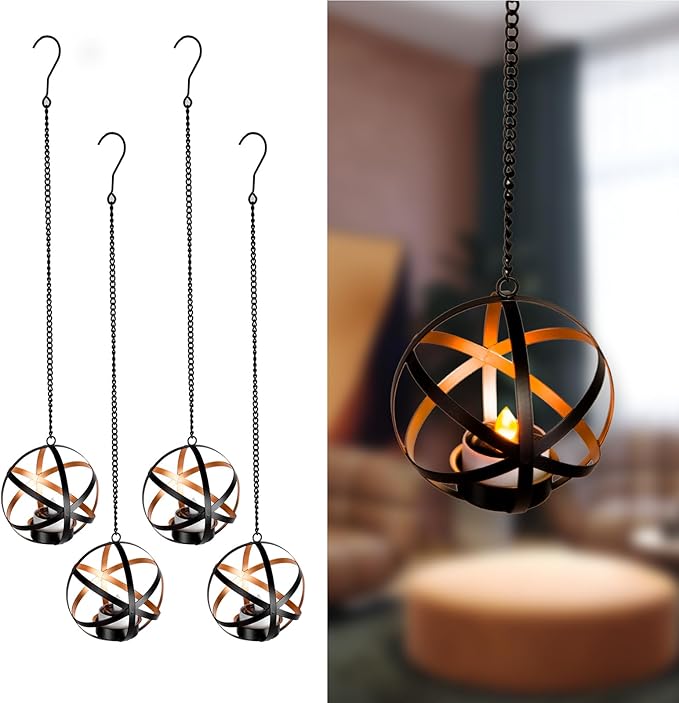 Solar Lanterns Outdoor Waterproof, 4 Pack Hanging Tea Lights with Candle Holder, Small Solar Chandelier for Trees, Patio, Backyard, Garden, Porch, Balcony Decorative (Armillary)